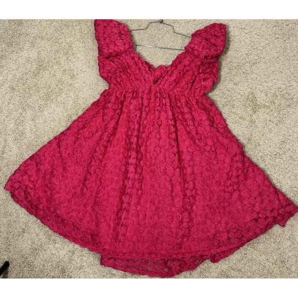 Meet me in Santorini Rosebud Babydoll Mini Dress Ruffle Cap Sleeve Tie Back Sz M - Picture 3 of 12